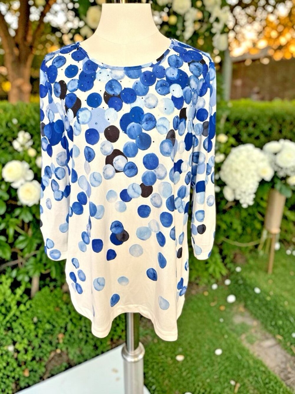 Alison Daley White/Blue Watercolor Dot-Print Top-Size Medium-NWT